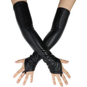 Women's Fingerless Shiny Metallic Spandex Black Fashion Long Elastic Gloves